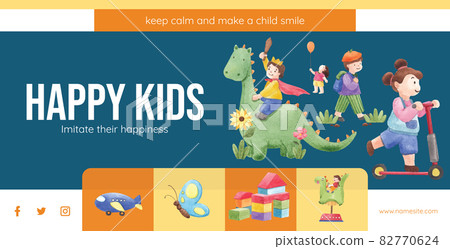 Billboard template with happy children concept,watercolor style 82770624