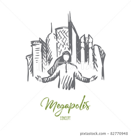 Megapolis, city, businessman, muslim concept. Hand drawn isolated vector. Megapolis, city, businessman, muslim concept. Hand drawn isolated vector. 82770948