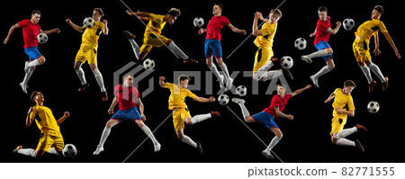 Collage of movements. Two young men, male soccer football players in motion, training isolated over black background 82771555