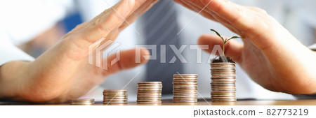 Coins in ascending order stand on table with plant, male hands hold their hands over them in form of roof Coins in ascending order stand on table with plant, male hands hold their hands over them in form of roof 82773219