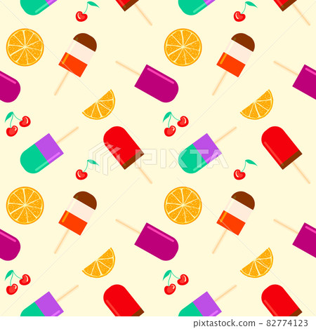 Summer background with fruity popsicle, orange and cherry furit. summertime seamless pattern with ice cream pop stick. Summer tropical elements vector. Summer background with fruity popsicle, orange and cherry furit. summertime seamless pattern with ice cream pop stick. Summer tropical elements vector. 82774123