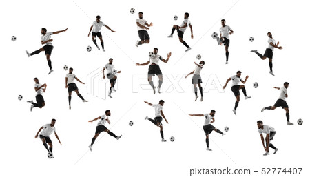 Collage made of shots of one african professional football soccer player with ball in motion, action isolated on white studio background. 82774407
