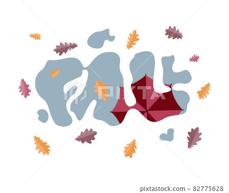 Fall. Lettering composition with letters in the form of a puddle, in which an umbrella is reflected and oak leaves lie. Cozy autumn postcard, poster, banner. 82775628