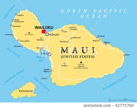 Maui, Hawaii, political map with capital Wailuku. Part of Hawaiian Islands and Hawaii, a state of the United States in the North Pacific Ocean. With unpopulated island Kahoolawe. Illustration. Vector. Maui, Hawaii, political map with capital Wailuku. Part of Hawaiian Islands and Hawaii, a state of the United States in the North Pacific Ocean. With unpopulated island Kahoolawe. Illustration. Vector. 82775760
