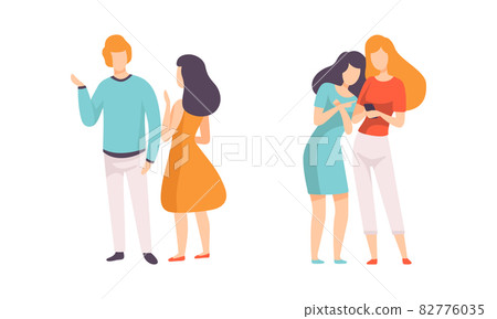 Male and Female Friend Spending Time Together Standing and Gossiping Vector Set Male and Female Friend Spending Time Together Standing and Gossiping Vector Set 82776035