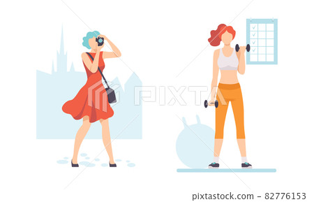 Young Female with Camera Taking Photo and in Gym Lifting Dumbbell Vector Set Young Female with Camera Taking Photo and in Gym Lifting Dumbbell Vector Set 82776153