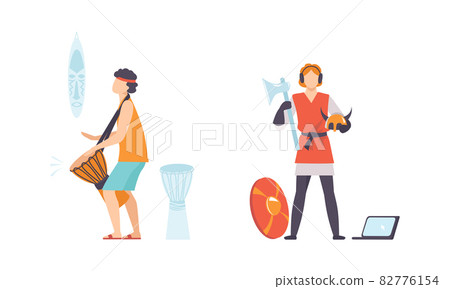 Young Male Playing Drum and Wearing Viking Costume for Role Play Vector Set Young Male Playing Drum and Wearing Viking Costume for Role Play Vector Set 82776154