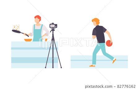 Young Male Recording Cooking Vlog and Playing Bowling Vector Set 82776162