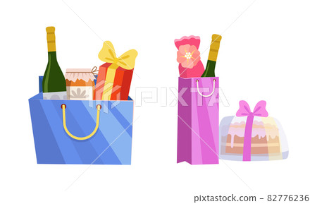 Holiday Present with Paper Bag Full of Gifts for Special Event Vector Set Holiday Present with Paper Bag Full of Gifts for Special Event Vector Set 82776236