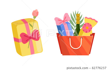 Holiday Present with Wrapped Package and Paper Bag Full of Gifts for Special Event Vector Set 82776237