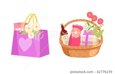 Holiday Present with Paper Bag and Wicker Basket Full of Gifts for Special Event Vector Set 82776239