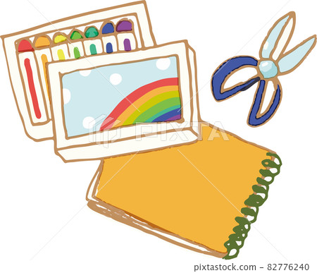 Crayons, scissors and sketchbooks. Crayons, scissors and sketchbooks. 82776240