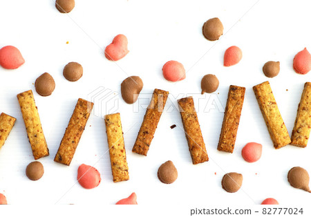 Strawberry and chocolate flavored macaron drop and stick honey mustard onion sable sweets 82777024