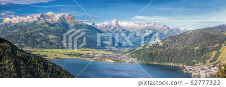 The panorama with Kitzsteinhorn(Tauern Alps) and Zell am See in the Zell am See-Kaprun region, Austrian Alps, Salcburgerland 82777322