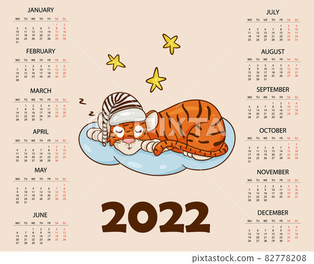 Calendar design template for 2022, the year of the tiger according to the Chinese or Eastern calendar, with an illustration of the tiger. Horizontal table with calendar for 2022. Vector 82778208
