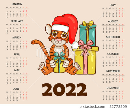 Calendar design template for 2022, the year of the tiger according to the Chinese or Eastern calendar, with an illustration of the tiger. Horizontal table with calendar for 2022. Vector 82778209