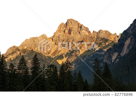 Mountain Peak of Dolomites at Sunset Isolated on White Background - Italy Alps 82778896