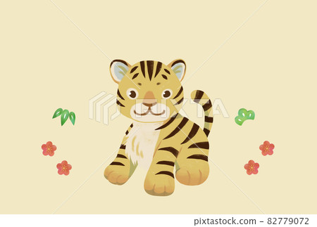 Handwritten style New Year's card illustration of smiling child tiger and Shochikuume Handwritten style New Year's card illustration of smiling child tiger and Shochikuume 82779072