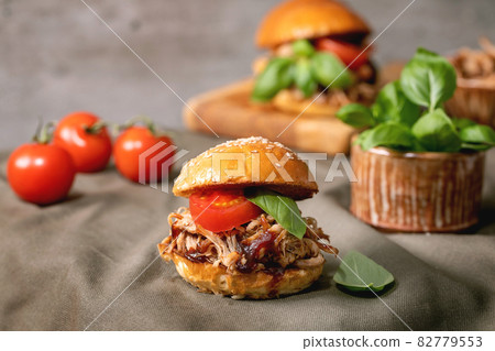 Set of homemade mini burgers with stew beef Set of homemade mini burgers with stew beef 82779553