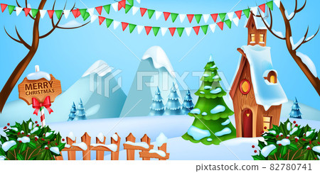 Christmas winter landscape, vector holiday x-mas snow background, pine tree, Santa Claus house, flag 82780741