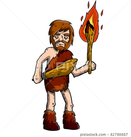 Primitive bearded man in clothes made of animal skin. Primitive bearded man in clothes made of animal skin. 82780887