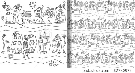 Print and seamless pattern set with abstract fantasy town street 82780972