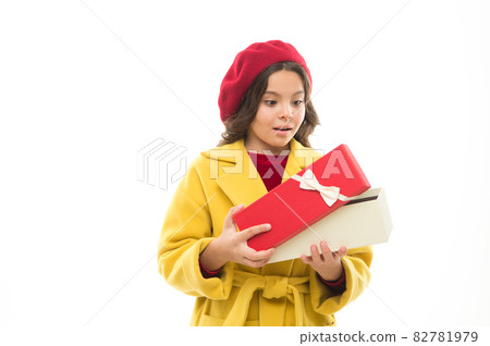 Birthday girl carry present with ribbon bow. Birthday 82781979