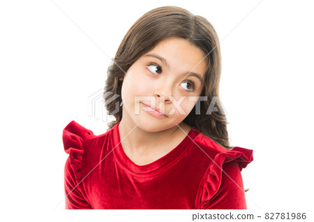Maybe concept. Kid thoughtful dreamy face make Maybe concept. Kid thoughtful dreamy face make 82781986