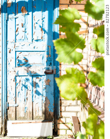 shabby blue wooden outdoor door of shed 82782123