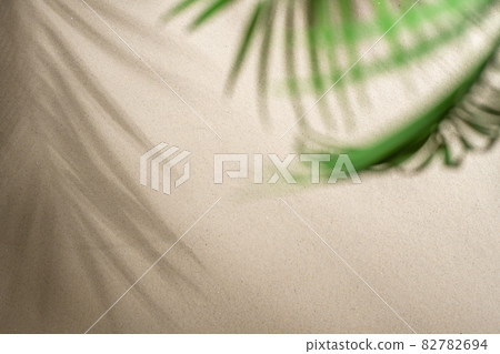 The shadow of a palm tree branch on the sand of a sandy tropical beach. Background, copy space, travel, summer concept. Flat lay 82782694
