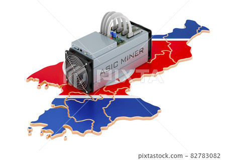 Mining in North Korea, concept. ASIC miner with North Korean map. 3D rendering Mining in North Korea, concept. ASIC miner with North Korean map. 3D rendering 82783082