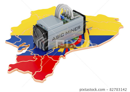 Mining in Ecuador, concept. ASIC miner with Ecuadorian map. 3D rendering Mining in Ecuador, concept. ASIC miner with Ecuadorian map. 3D rendering 82783142