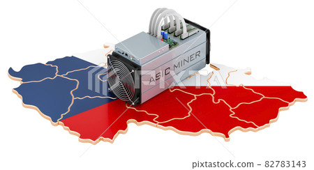 Mining in Czech Republic, concept. ASIC miner with Czech map. 3D rendering Mining in Czech Republic, concept. ASIC miner with Czech map. 3D rendering 82783143