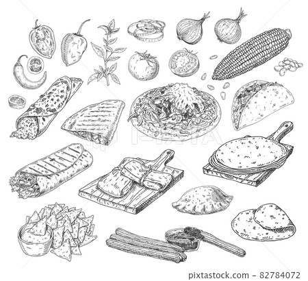 Mexican traditional food set. Vector vintage black engrave isolated on white Mexican traditional food set. Vector vintage black engrave isolated on white 82784072