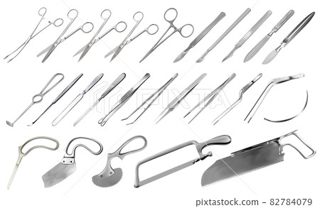 Surgical instruments set. Tweezers, scalpels, plaster and bone saws, brain, amputation and plaster knives, forceps and clamps, hook, needle. Large collection of hand metal tools. Vector illustration Surgical instruments set. Tweezers, scalpels, plaster and bone saws, brain, amputation and plaster knives, forceps and clamps, hook, needle. Large collection of hand metal tools. Vector illustration 82784079