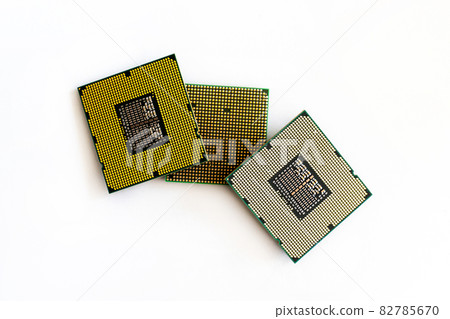 cpu microchip computer gold side on white isolated background 82785670