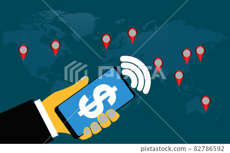 Hand holding mobile with money on screen Hand holding mobile with money on screen 82786592