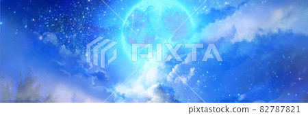 星星在夜空中閃耀，雲彩漂浮，滿月閃耀藍色和一座古老的西部城堡的插圖 82787821