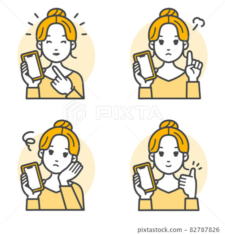 Emotions of young women with simple vector illustrations that guide you with your smartphone 82787826