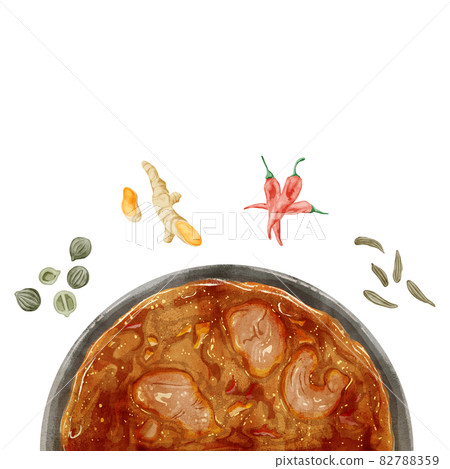 4種香料咖哩和香料的手寫水彩風格插圖 82788359