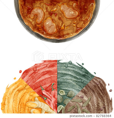 4種香料咖哩和香料的手寫水彩風格插圖 82788364