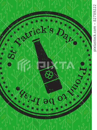 St patrick's day proud to be irish text with bottle in circle on green background 82789222