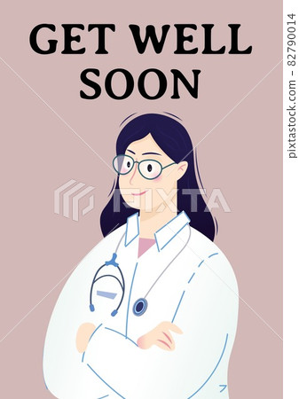 Get well soon text with illustration of female doctor on pink background Get well soon text with illustration of female doctor on pink background 82790014