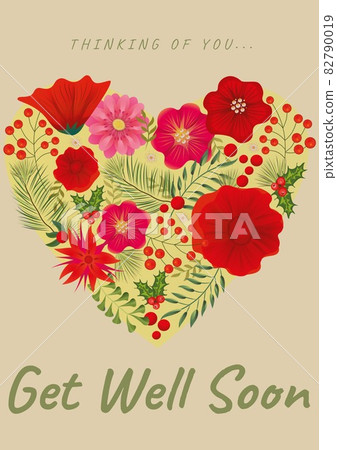 Get well soon text with illustration of flowers forming heart on yellow background Get well soon text with illustration of flowers forming heart on yellow background 82790019