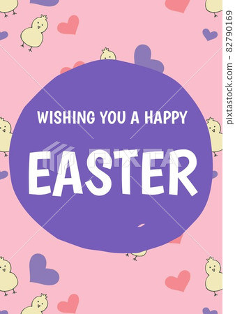 Wishing you a happy easter text in purple circle with chicks on pink background 82790169