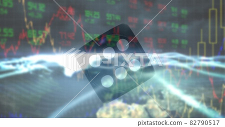 Financial data and graphs over dice against digital landscape, finance and economy concept 82790517