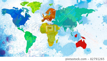 Composition of multi coloured world map over blue ink splodges on white background Composition of multi coloured world map over blue ink splodges on white background 82791265