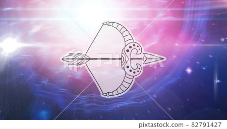 Illustration of black and white sagittarius zodiac star sign over stars on pink to purple background Illustration of black and white sagittarius zodiac star sign over stars on pink to purple background 82791427