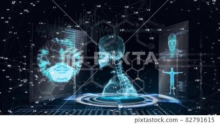 Composition of human skeleton, chemical compounds and scientific data processing on black background 82791615
