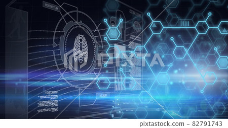 Composition of scope scanning, chemical compounds and scientific data processing on black background 82791743